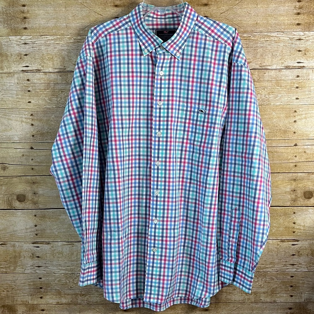Vineyard Vines Men's Classic Fit Tucker Plaid Shirt - Blue, Red, White EUC XXL